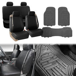 FH Group Truck Black Seat Covers Set With Heavy Duty Floor Mat Combo For AUTO