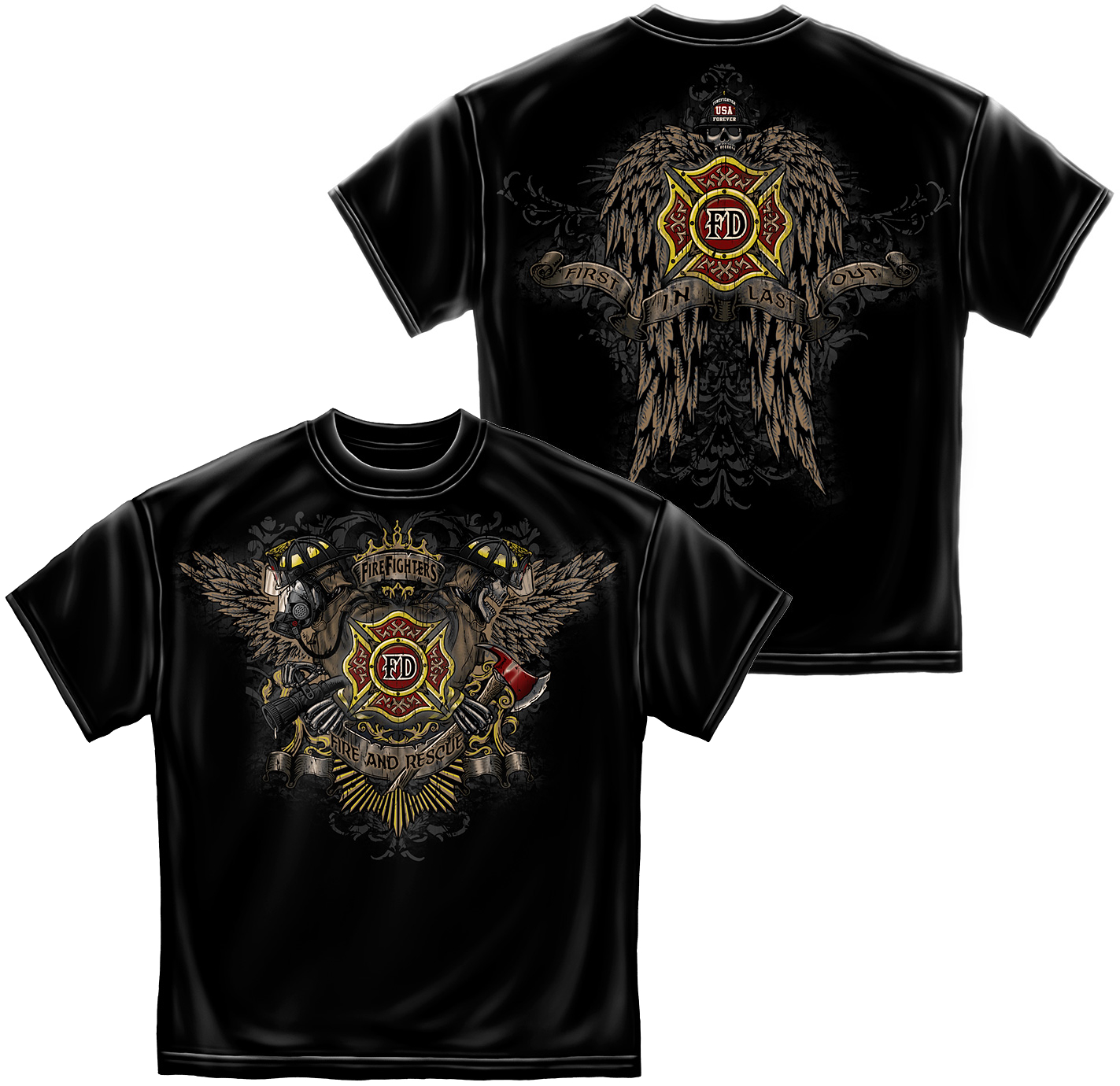 Erazor Bits Firefighter Skull Wings Undead Maltese Cross T-Shirt by Erazor Bits, Black Erazor Bits Firefighter Skull Wings Undead Maltese Cross T-Shirt by Erazor Bits, Black