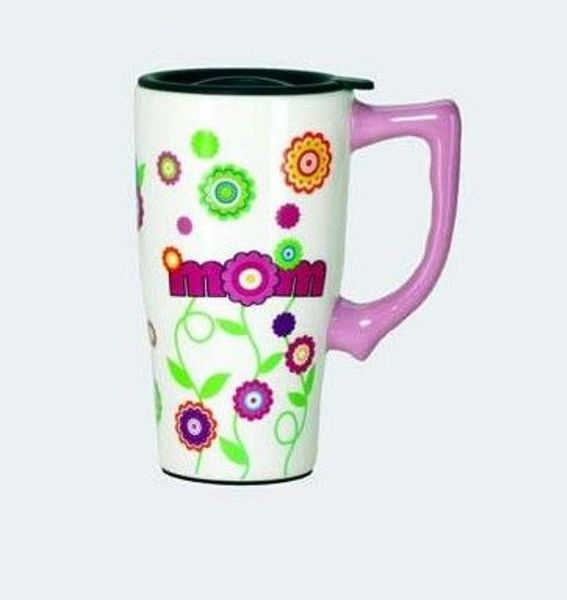 SPOONTIQUES Colorful Mom and Flowers Coffee Travel Mug Ceramic with Plastic Lid SPOONTIQUES Colorful Mom and Flowers Coffee Travel Mug Ceramic with Plastic Lid
