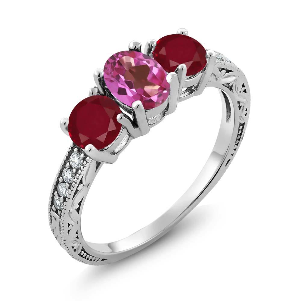 Gem Stone King 2.02 Ct Oval Pink Mystic Topaz Red Ruby 18K White Gold Ring