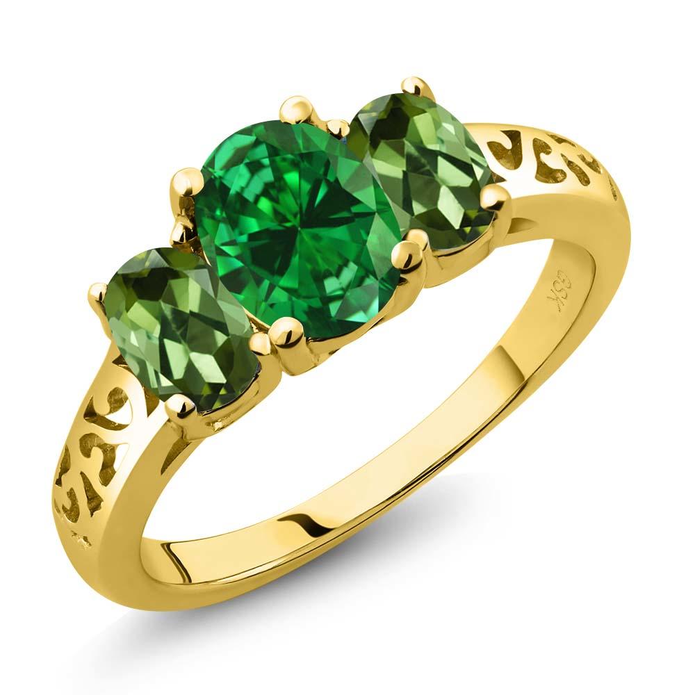 Gem Stone King 3.10 Ct Oval Green Simulated Emerald Green Tourmaline 14K Yellow Gold 3-Stone Ring