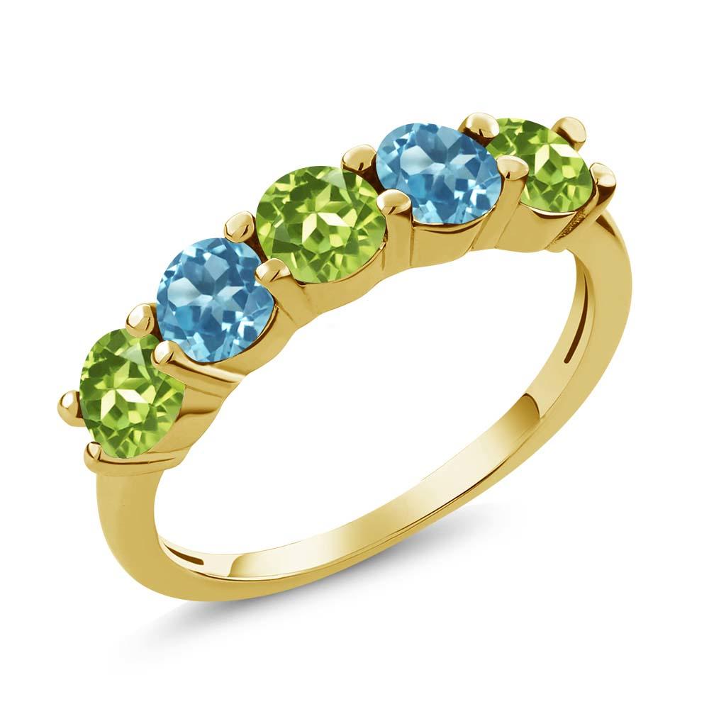 Gem Stone King 0.94 Ct Round Green Peridot Swiss Blue Topaz 14K Yellow Gold Wedding Band Ring