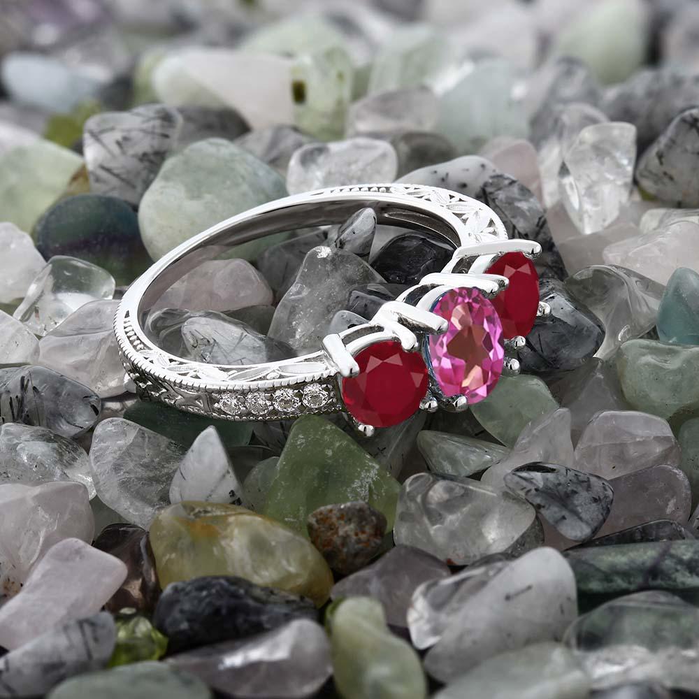 Gem Stone King 2.02 Ct Oval Pink Mystic Topaz Red Ruby 18K White Gold Ring