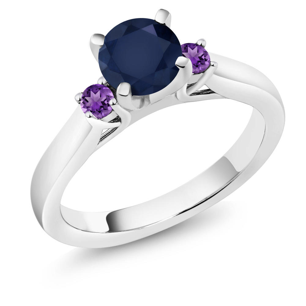 Gem Stone King 1.20 Ct Round Blue Sapphire Purple Amethyst 14K White Gold 3-Stone Ring
