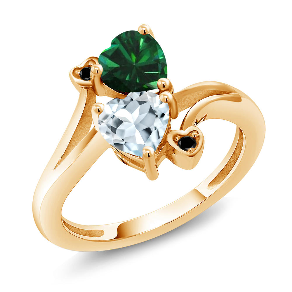 Gem Stone King 1.38 Ct Heart Shape Green Simulated Emerald Sky Blue Aquamarine 14K Yellow Gold Ring