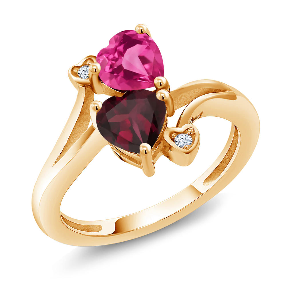 Gem Stone King 1.55 Ct Pink Created Sapphire Red Rhodolite Garnet 14K Yellow Gold Ring