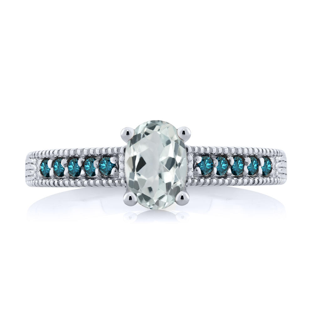 Gem Stone King 0.89 Ct Oval Sky Blue Aquamarine Blue Diamond 14K White Gold Ring