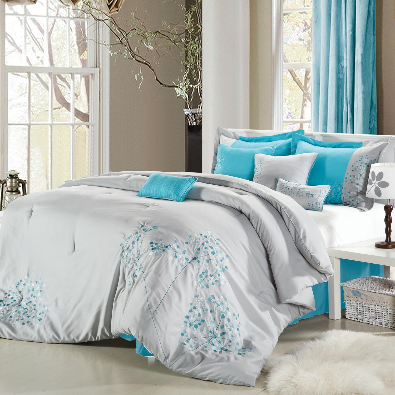 Chic Home Pink floral Grey & Aqua Comforter Bed In A Bag Set 12 piece Chic Home Pink floral Grey & Aqua Comforter Bed In A Bag Set 12 piece