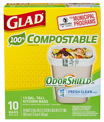 Glad 78508 OdorShield Tall Kitchen Compostable Bags, Fresh Clean, 13 Gal, 10-Ct Glad 78508 OdorShield Tall Kitchen Compostable Bags, Fresh Clean, 13 Gal, 10-Ct