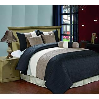 CozyBeddings Amber 7pc Jacquard Comforter Set Deep Black, Taupe, Cream Metallic Color Fused Pleating Stripes Bed Cover QUEEN Size CozyBeddings Amber 7pc Jacquard Comforter Set Deep Black, Taupe, Cream Metallic Color Fused Pleating Stripes Bed Cover QUEEN Size