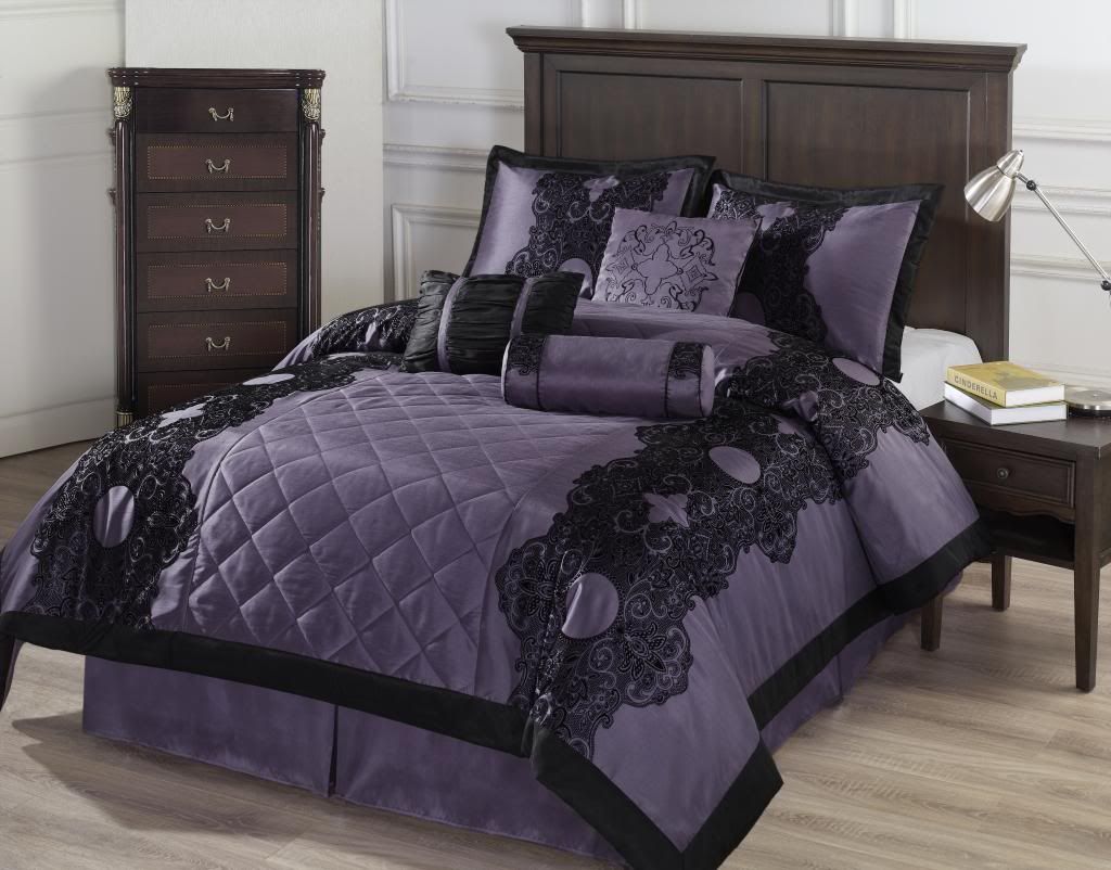 CozyBeddings VICTORIA 7pc Comforter Set Purple with Black Floral Flocking Bed-in-a-bag QUEEN Size Bedding CozyBeddings VICTORIA 7pc Comforter Set Purple with Black Floral Flocking Bed-in-a-bag QUEEN Size Bedding