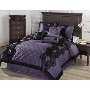CozyBeddings VICTORIA 7pc Comforter Set Purple with Black Floral Flocking Bed-in-a-bag CAL-KING Size Bedding CozyBeddings VICTORIA 7pc Comforter Set Purple with Black Floral Flocking Bed-in-a-bag CAL-KING Size Bedding