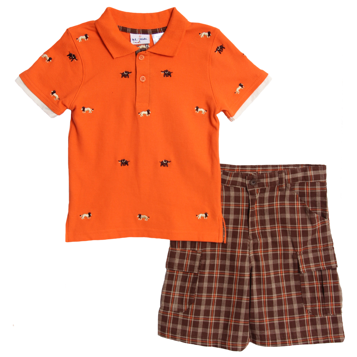 B. T. Kids Little Boys 2 Piece Orange Safari Polo Shirt Brown Plaid Cargo Shorts at Sears.com
