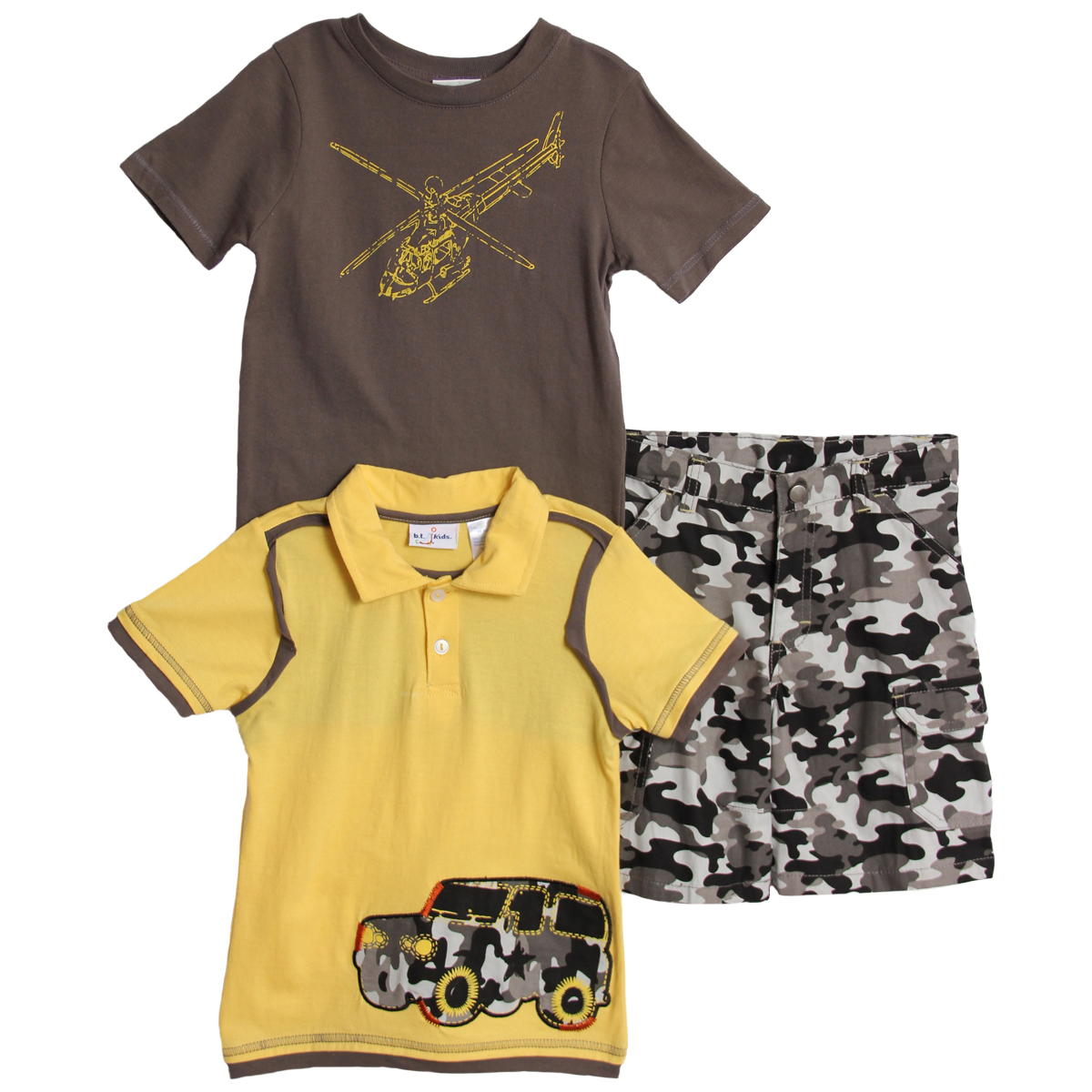 B. T. Kids Boys 3 Piece Yellow Jeep Shirt Gray Helicopter T-shirt Camouflage Shorts at Sears.com