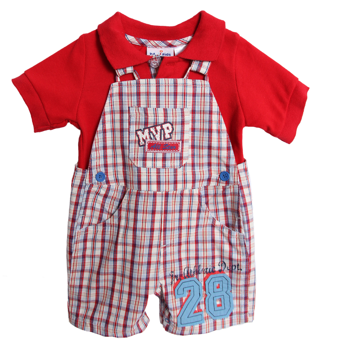 B. T. Kids Newborn Boys 2 Piece Red Polo Shirt Blue Plaid Overalls Shorts Shortalls at Sears.com