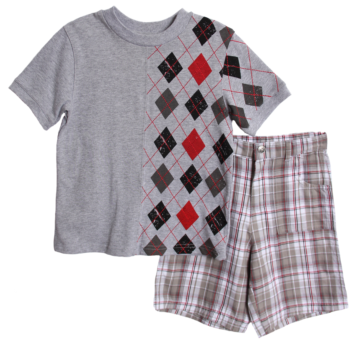 B. T. Kids Boys 2 Piece Gray Red Argyle T-shirt Plaid Shorts Summer Set at Sears.com