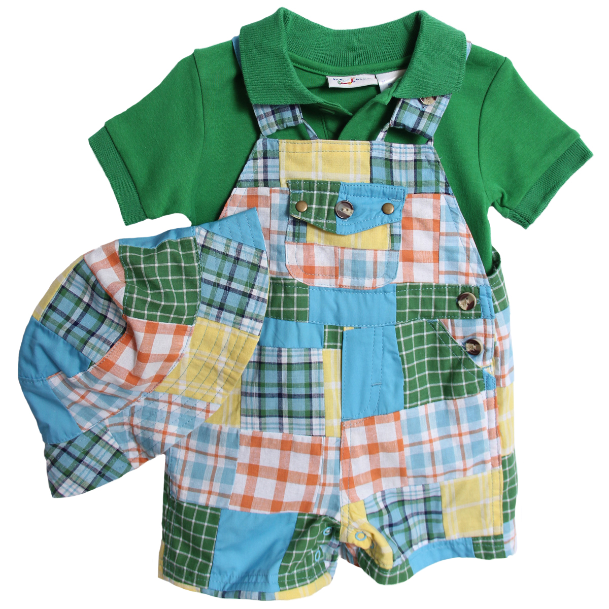 B. T. Kids Newborn Boy 3 Piece Green Polo Shirt Plaid Patchwork Overalls Shorts Hat at Sears.com