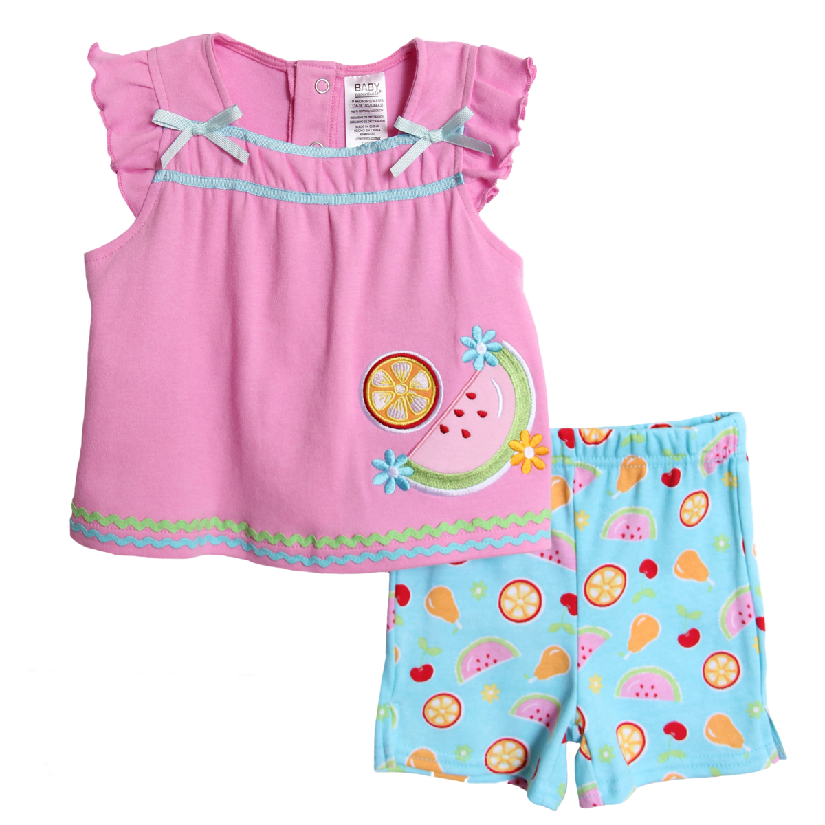 Baby Essentials Newborn Girls (0-9mo) 2pc pink top/blue print shorts set - fruit at Sears.com