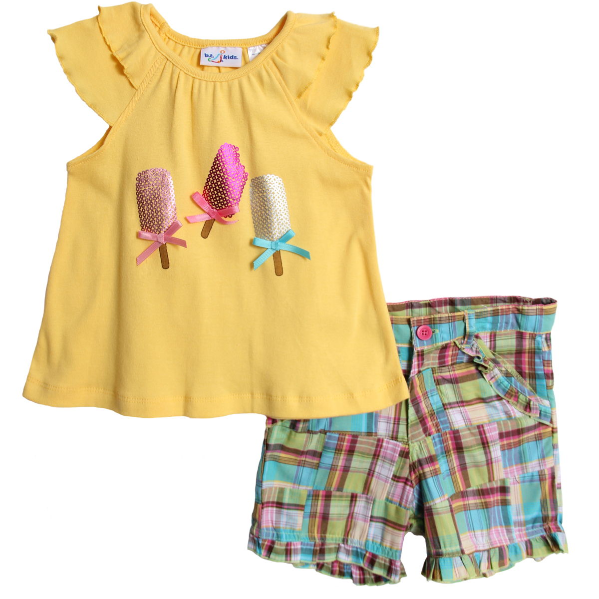 Baby Togs Girls 2 Piece Yellow Ruffled Top with Blue Pink Green Plaid Shorts Set at Sears.com