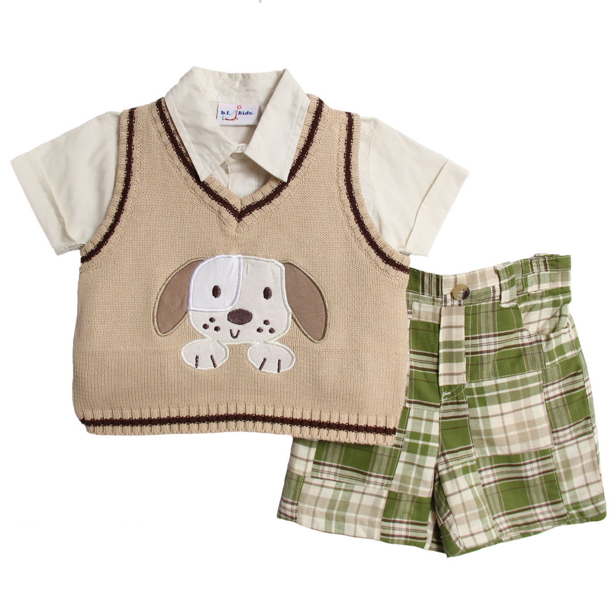 B. T. Kids Toddler Boys 3 Piece Puppy Sweater Vest Collared Shirt Plaid Shorts Set at Sears.com