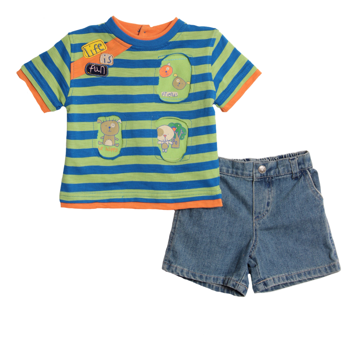 B. T. Kids Newborn Baby Boys Green Blue Striped Shirt Summer Denim Jean Shorts Set at Sears.com
