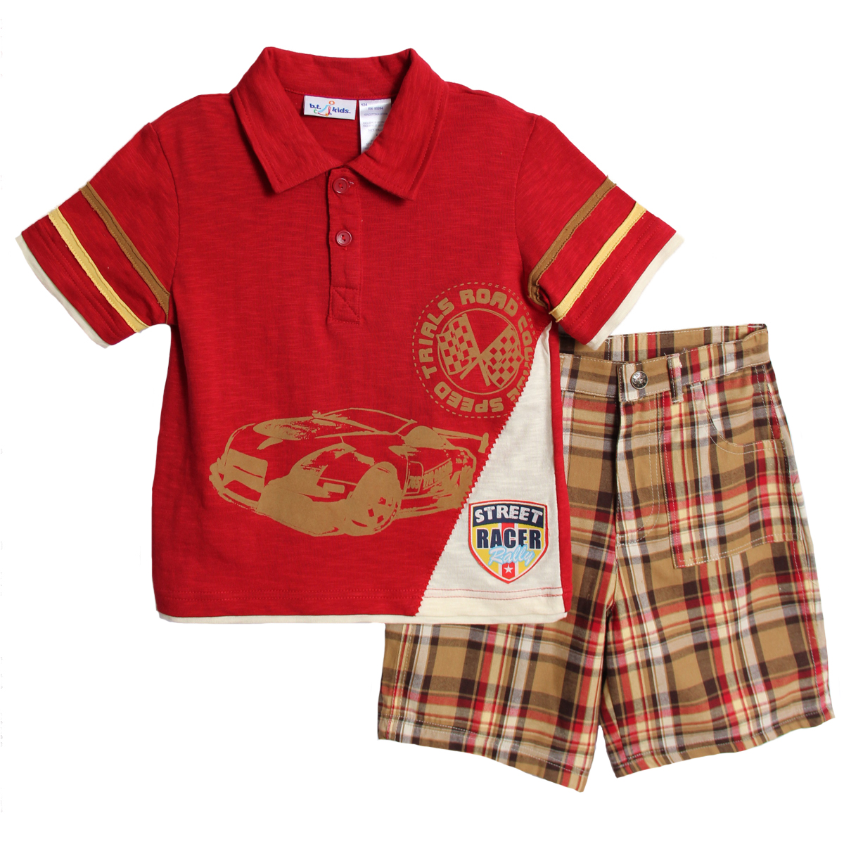B. T. Kids Boys (4-7) 2 pc red polo racing shirt and plaid shorts set at Sears.com