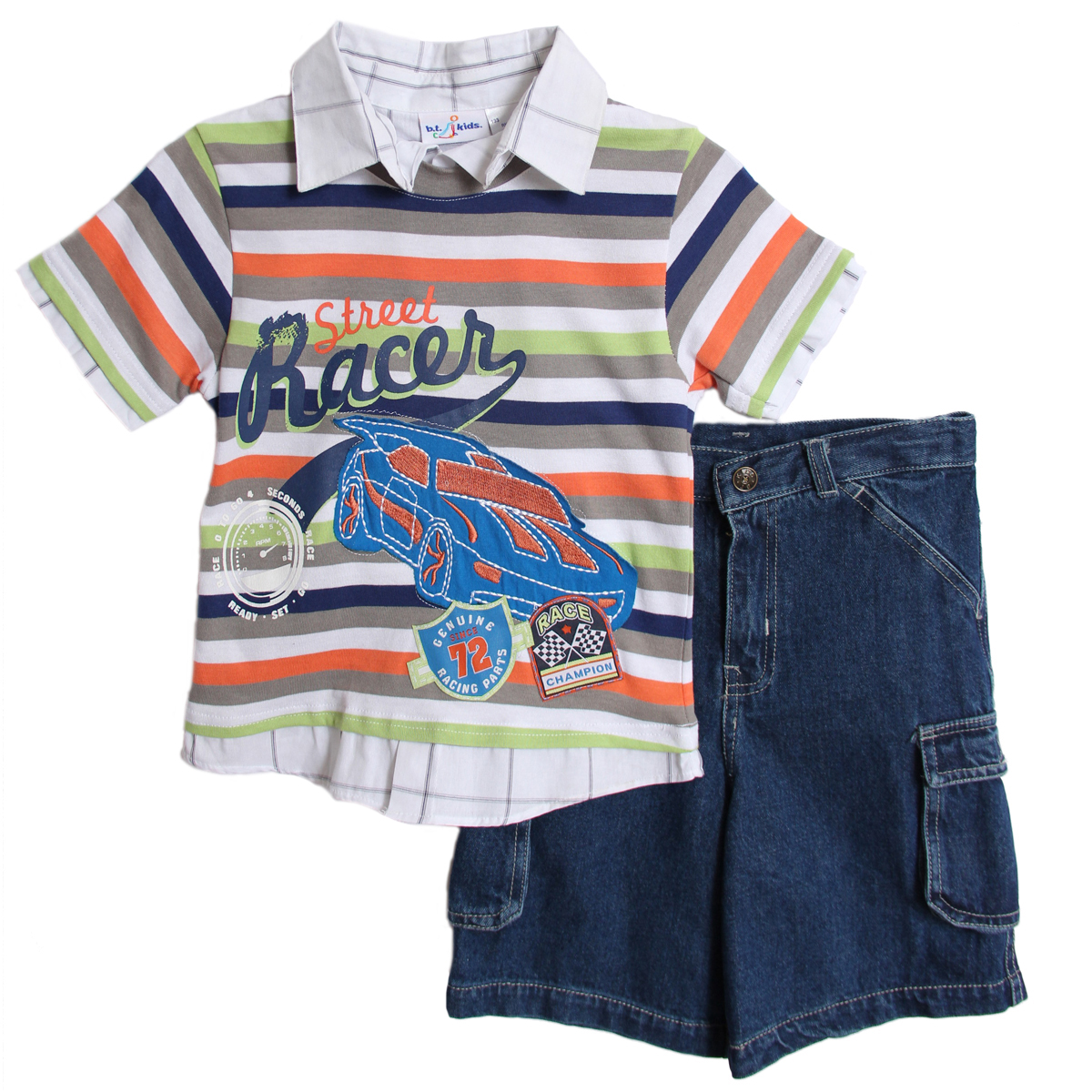 B. T. Kids Boys 2 Piece Striped Layered Blue Green Orange Shirt Denim Jean Shorts at Sears.com
