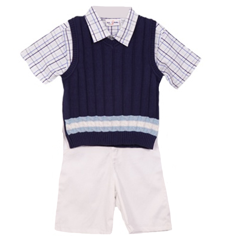 B.T. Kids Little Boys 3 Piece Navy Ribbed Sweater Vest Plaid Shirt White Shorts at Sears.com