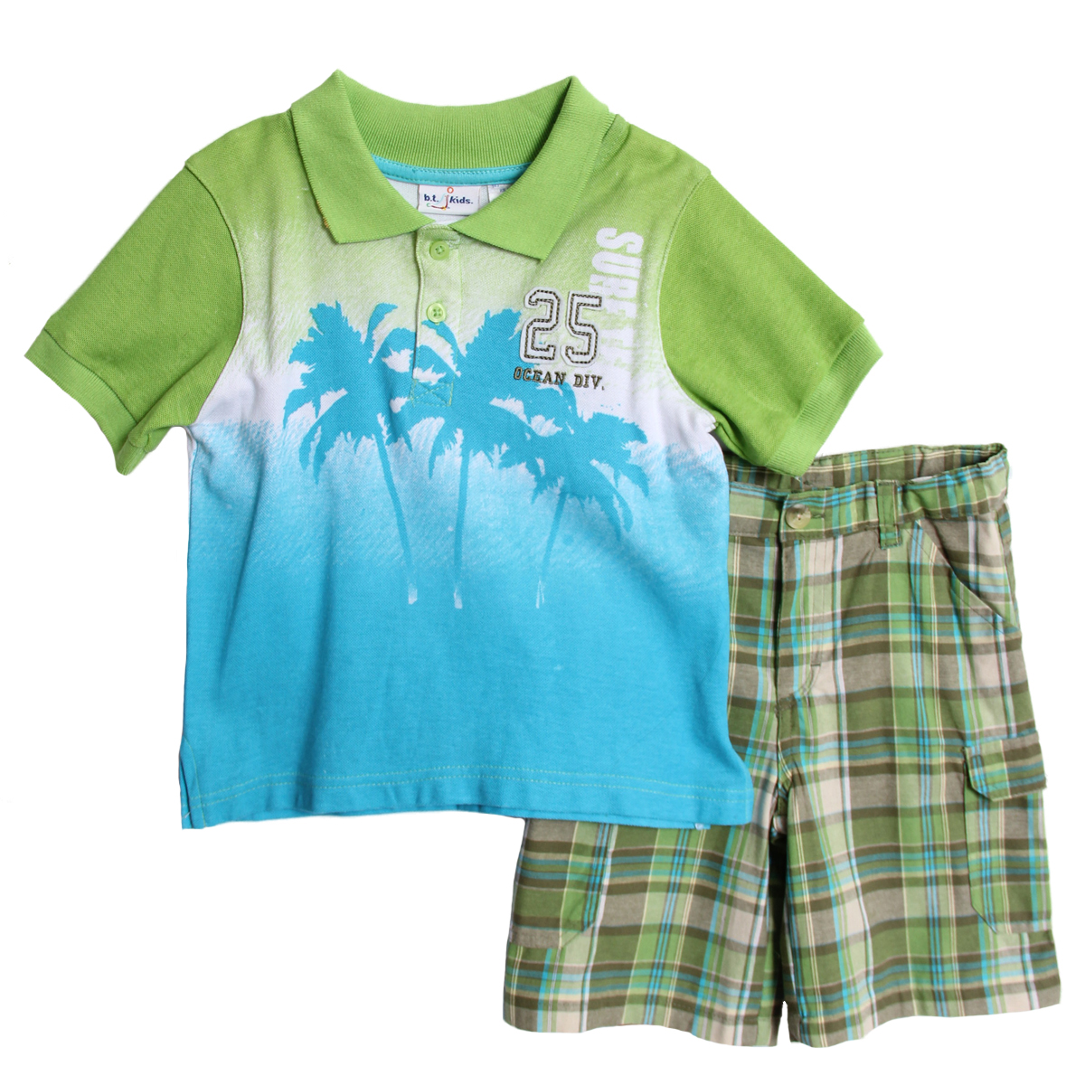 B.T. Kids Infant Baby Boys 2 Piece Blue Green Palm Tree Polo Shirt Plaid Shorts B.T. Kids Infant Baby Boys 2 Piece Blue Green Palm Tree Polo Shirt Plaid Shorts