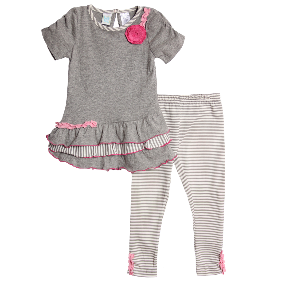 Baby Togs Toddler Girls 2 Piece Gray Pink Ruffle Top Striped Leggings Set Baby Togs Toddler Girls 2 Piece Gray Pink Ruffle Top Striped Leggings Set