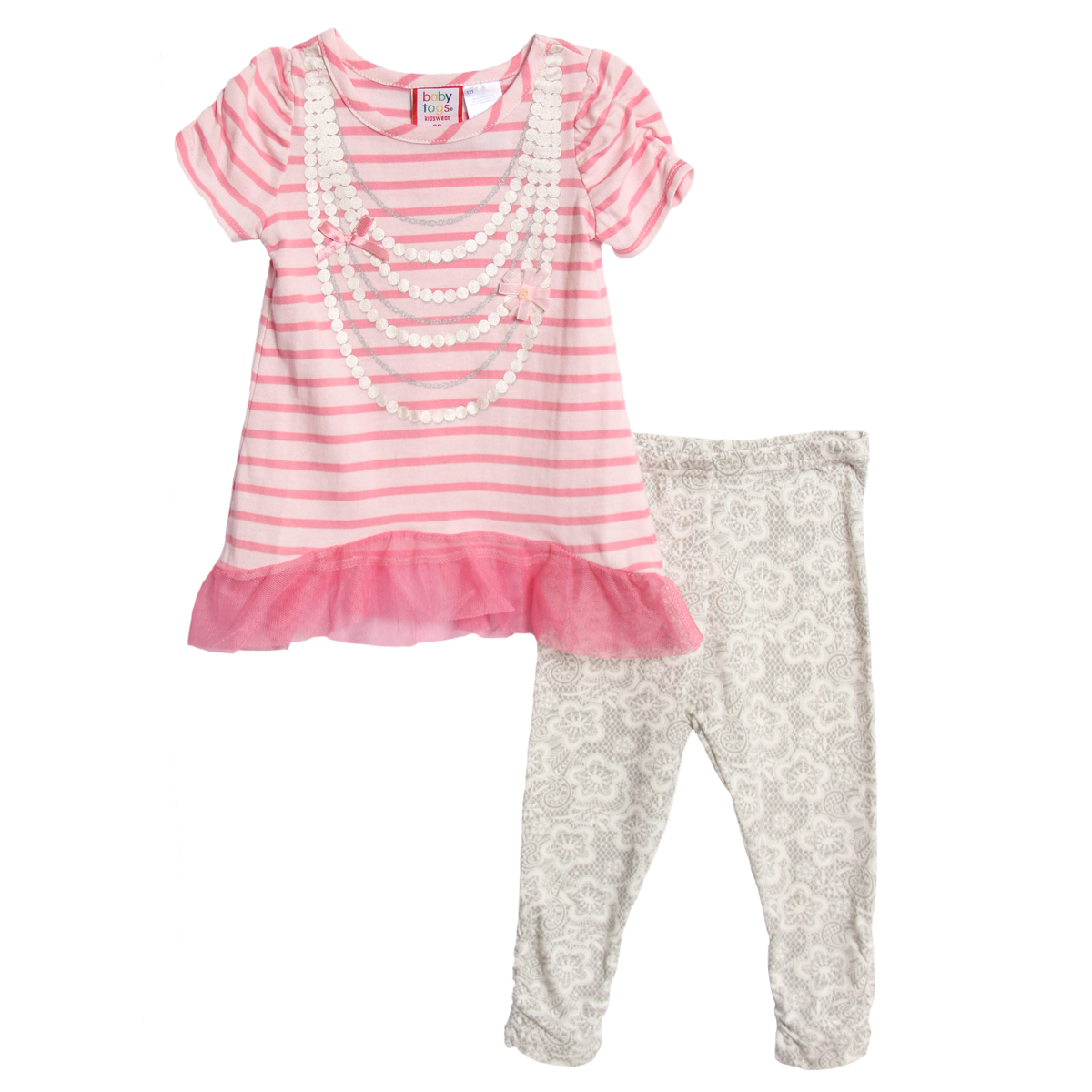 Baby Togs Infant Baby Girls 2 Piece Pink Necklace Striped Top Gray Leggings Set Baby Togs Infant Baby Girls 2 Piece Pink Necklace Striped Top Gray Leggings Set