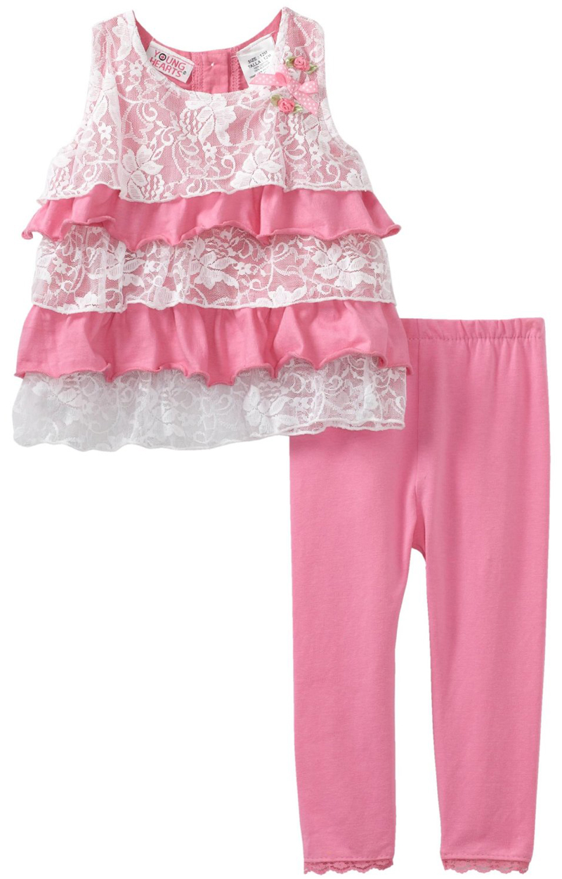 Young Hearts Infant Baby Girls 2 Piece Pink White Lace Ruffle Top Leggings Set Young Hearts Infant Baby Girls 2 Piece Pink White Lace Ruffle Top Leggings Set