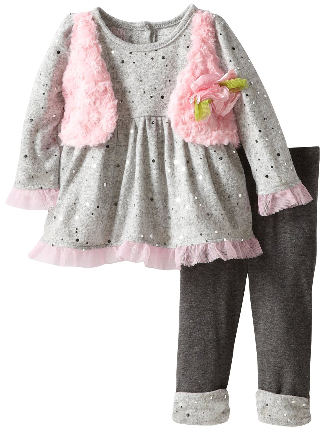 Young Hearts Infant Baby Girls 2 Piece Pink Faux Fur Sequin Top Leggings Set Young Hearts Infant Baby Girls 2 Piece Pink Faux Fur Sequin Top Leggings Set