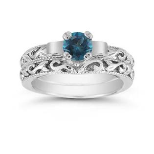 Apples of Gold Blue Diamond 1/2 Carat Art Deco Bridal Set, 18K White Gold Apples of Gold Blue Diamond 1/2 Carat Art Deco Bridal Set, 18K White Gold