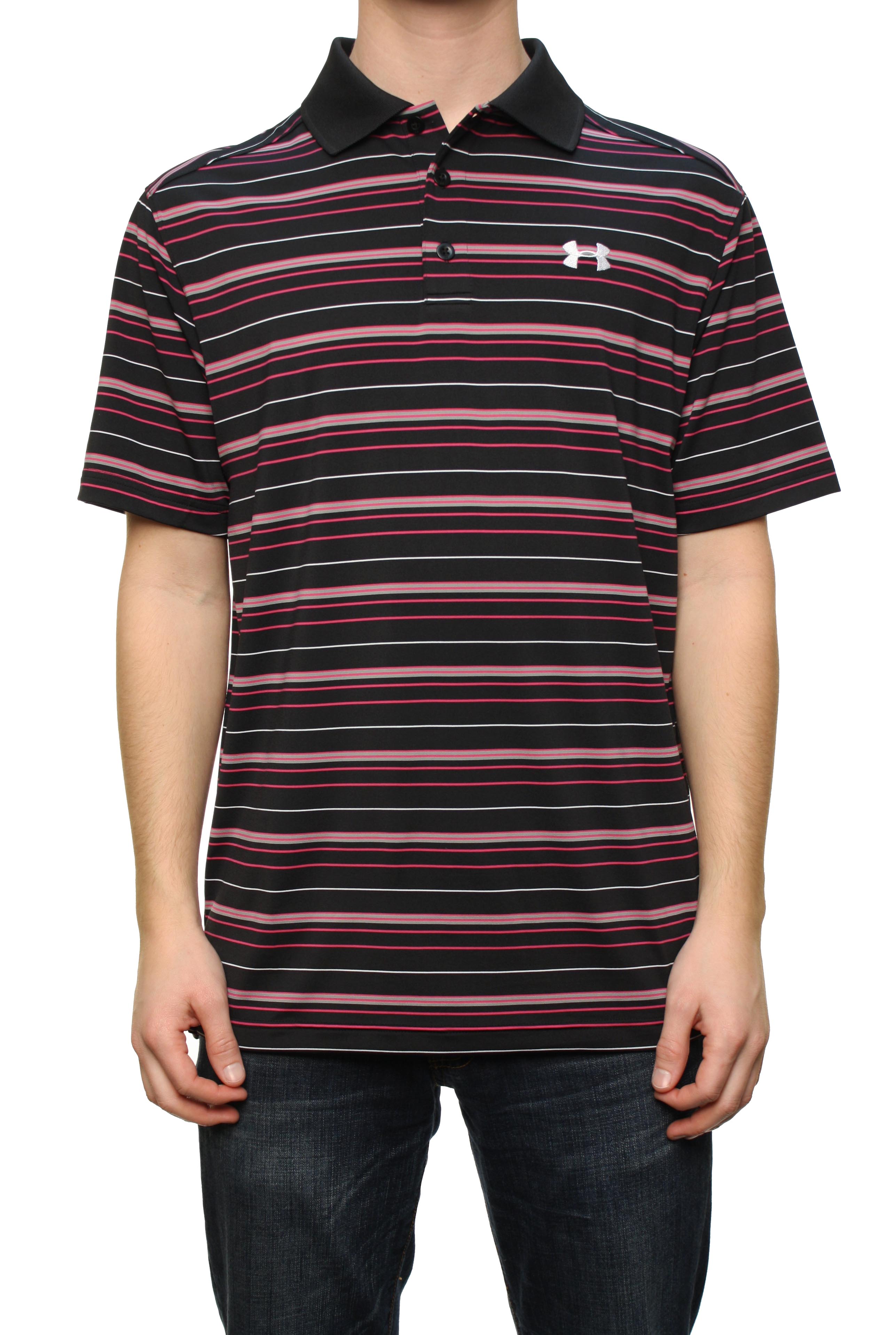 UNDER ARMOUR Men Breast Cancer Pink Loose Fit Striped Golf Polo Shirt Black at Sears.com