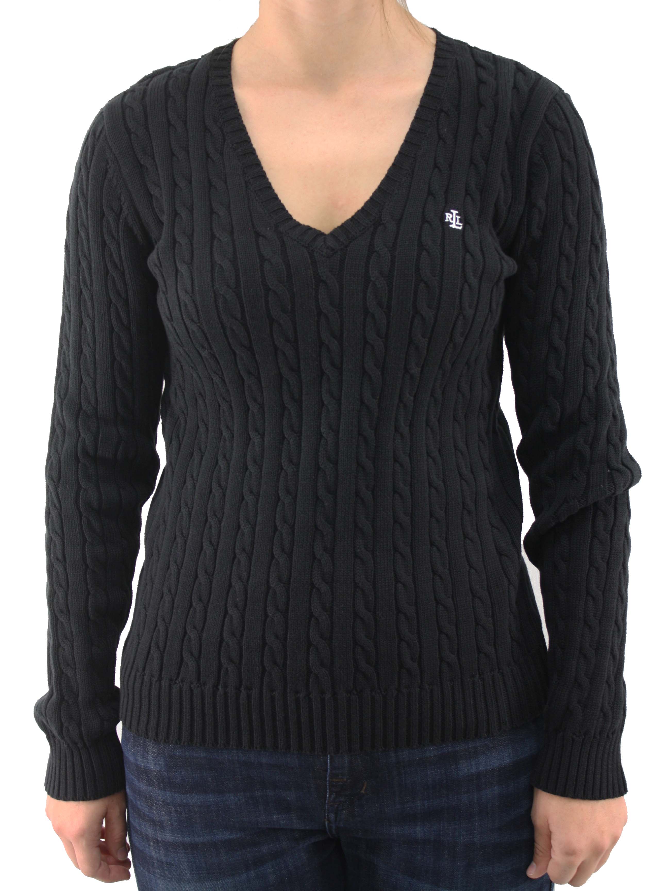 Ralph Lauren Polo  Women's V-Neck Long Sleeve Cable Knit Pattern Black Sweater at Sears.com