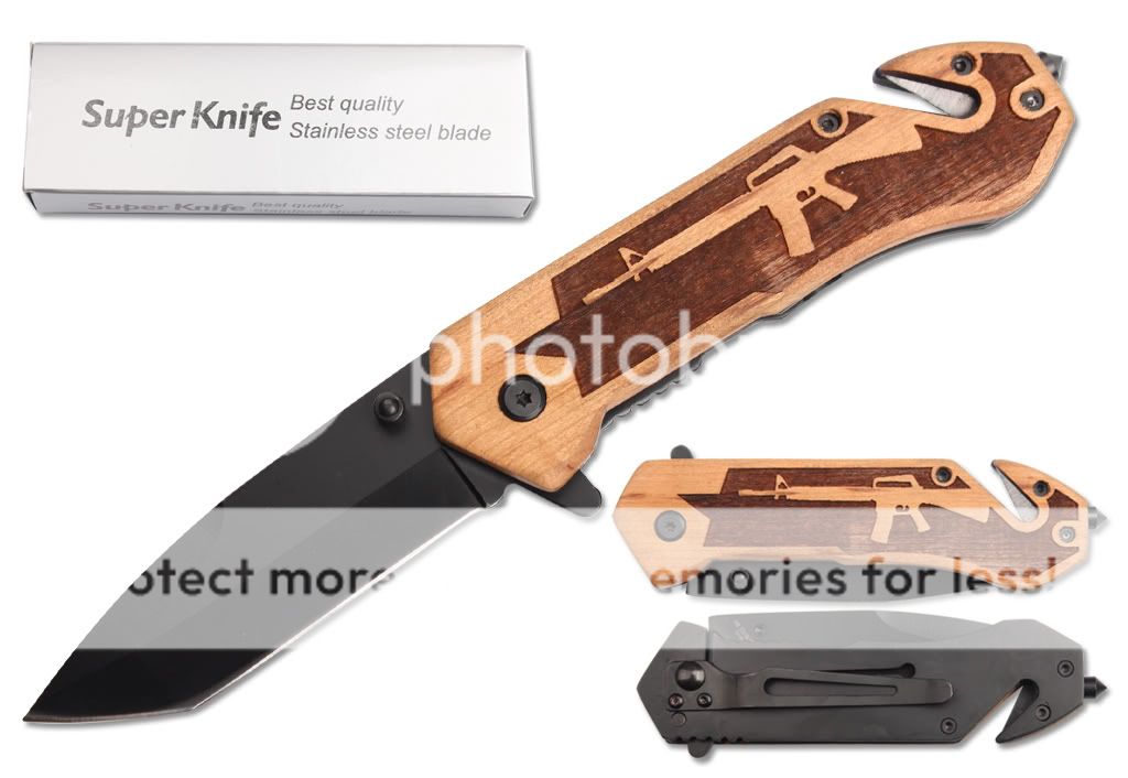 Pacific Solution 3 inch Tanto Blade Spring Assisted Folding knife, Machine Gun Carved on Wood Handle at Sears.com