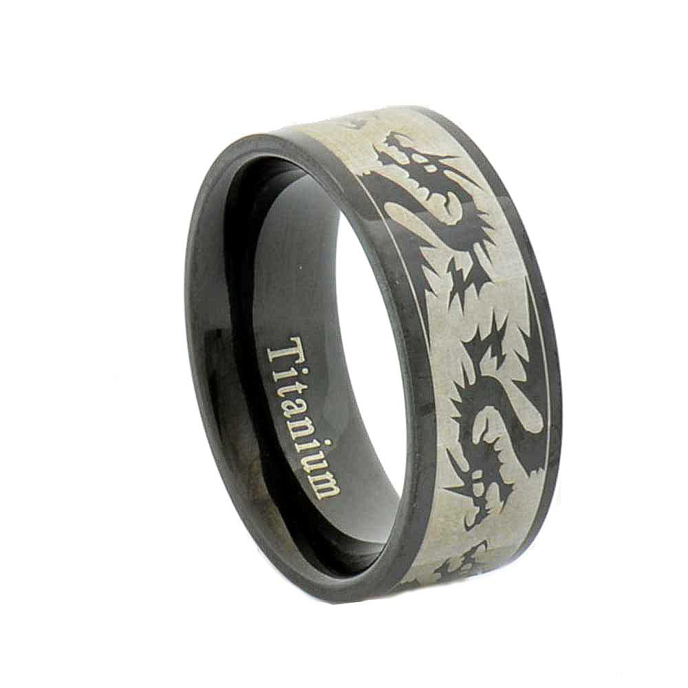 FlameReflection 8mm Black Celtic Dragon Scroll Etch Titanium Band Comfort Fit Satin White Accent Men's Wedding Ring FlameReflection 8mm Black Celtic Dragon Scroll Etch Titanium Band Comfort Fit Satin White Accent Men's Wedding Ring