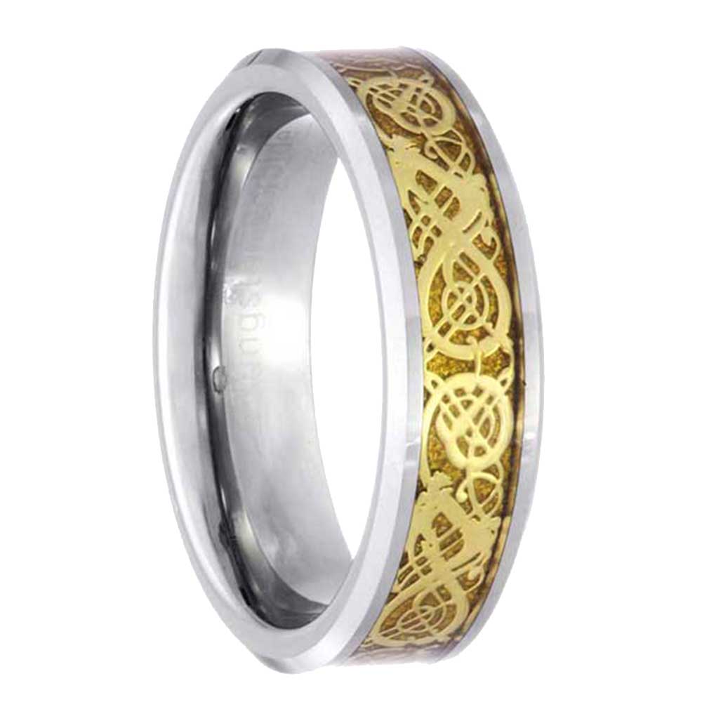FlameReflection 6mm Tungsten Carbide Gold Color Dragon Celtic Scroll Inlay Wedding Band FlameReflection 6mm Tungsten Carbide Gold Color Dragon Celtic Scroll Inlay Wedding Band