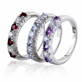 FlameReflection Rhodium Plate Brass Natural Garnet/Amethyst/Blue Topaz & Cubic Zirconia 3 Stacking Rings FlameReflection Rhodium Plate Brass Natural Garnet/Amethyst/Blue Topaz & Cubic Zirconia 3 Stacking Rings