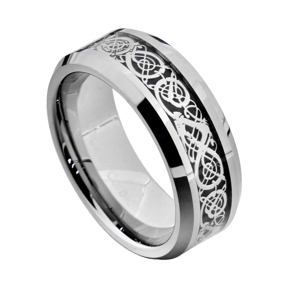 FlameReflection 8mm Tungsten Carbide Silver Dragon Celtic Scroll Inlay Ring Men's Wedding Band FlameReflection 8mm Tungsten Carbide Silver Dragon Celtic Scroll Inlay Ring Men's Wedding Band