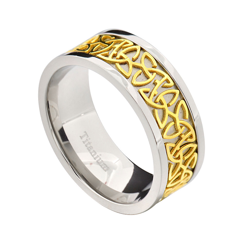 FlameReflection New 9mm 14K Gold EP Celtic Scroll Inlay Pip Cut Titanium Band Men's Wedding Ring FlameReflection New 9mm 14K Gold EP Celtic Scroll Inlay Pip Cut Titanium Band Men's Wedding Ring