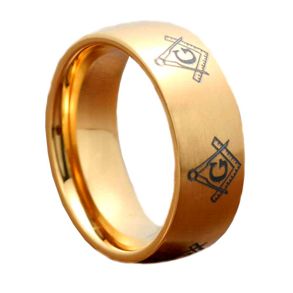FlameReflection 8mm Half Moon Top Titanium Ring Gold IP Masonic Signet Brush Men's Wedding Band FlameReflection 8mm Half Moon Top Titanium Ring Gold IP Masonic Signet Brush Men's Wedding Band