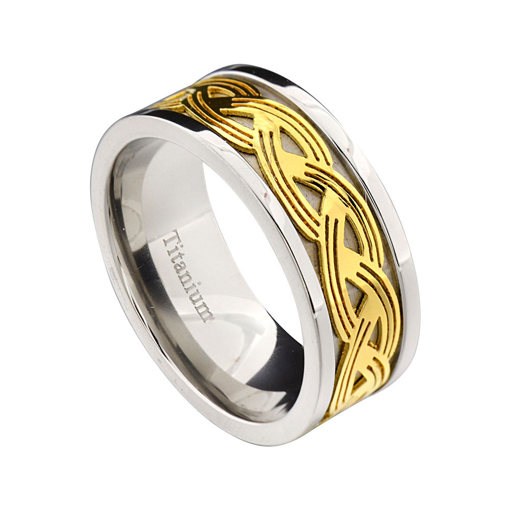 FlameReflection 9mm Gold EP Celtic Scroll Inlay Titanium Pip Cut Band Men's Wedding Ring sz 9-12 FlameReflection 9mm Gold EP Celtic Scroll Inlay Titanium Pip Cut Band Men's Wedding Ring sz 9-12