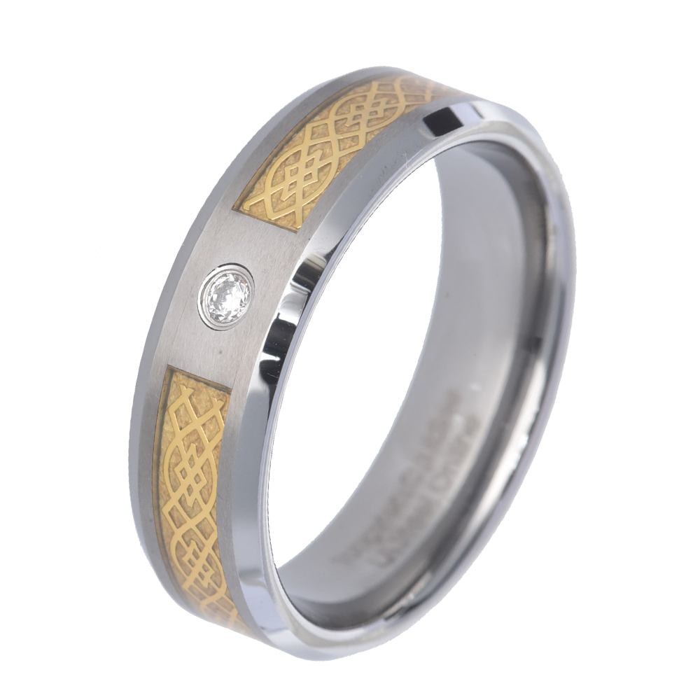 FlameReflection Tungsten Carbide Band Gold GP Celtic Scroll Inlay Cubic Zirconia Bevel Edge Men's Wedding Ring FlameReflection Tungsten Carbide Band Gold GP Celtic Scroll Inlay Cubic Zirconia Bevel Edge Men's Wedding Ring