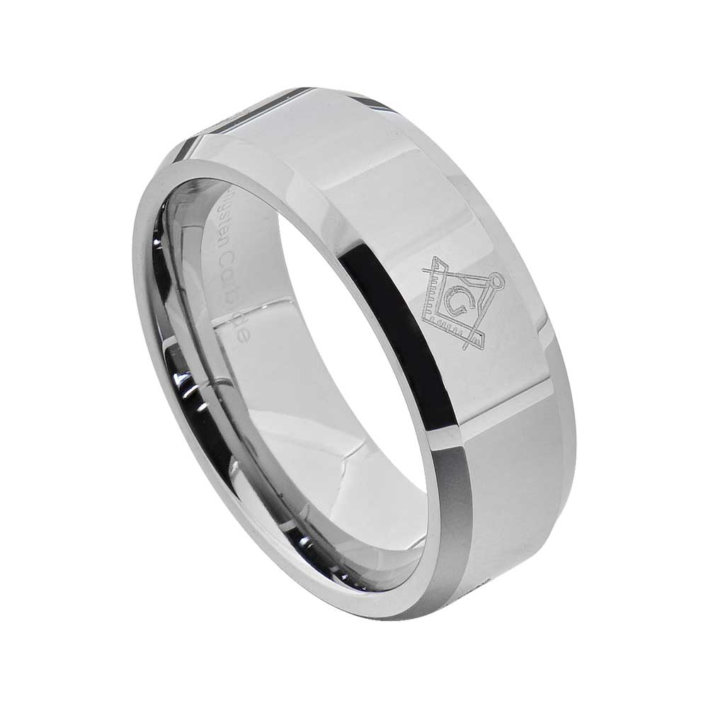 FlameReflection 8mm Tungsten Carbide Silver Flat Beveled Edge Men's Wedding Band FlameReflection 8mm Tungsten Carbide Silver Flat Beveled Edge Men's Wedding Band