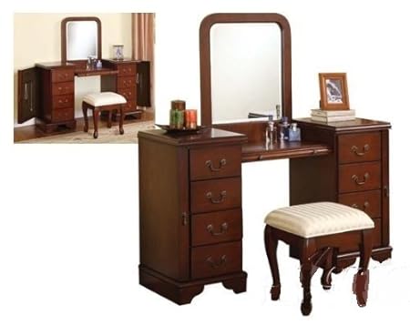 WelcomeiHome .INC 3-pcs Cherry Finish Vanity Table, Mirror & Stool Set at Sears.com