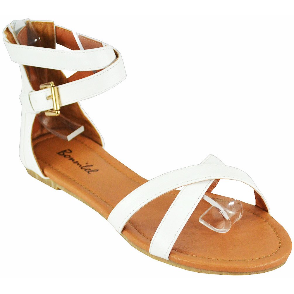 BONNIBEL Women's Otter-2 White Criss Cross Buckle Strap Back Zipper Casual Flat Sandal BONNIBEL Women's Otter-2 White Criss Cross Buckle Strap Back Zipper Casual Flat Sandal