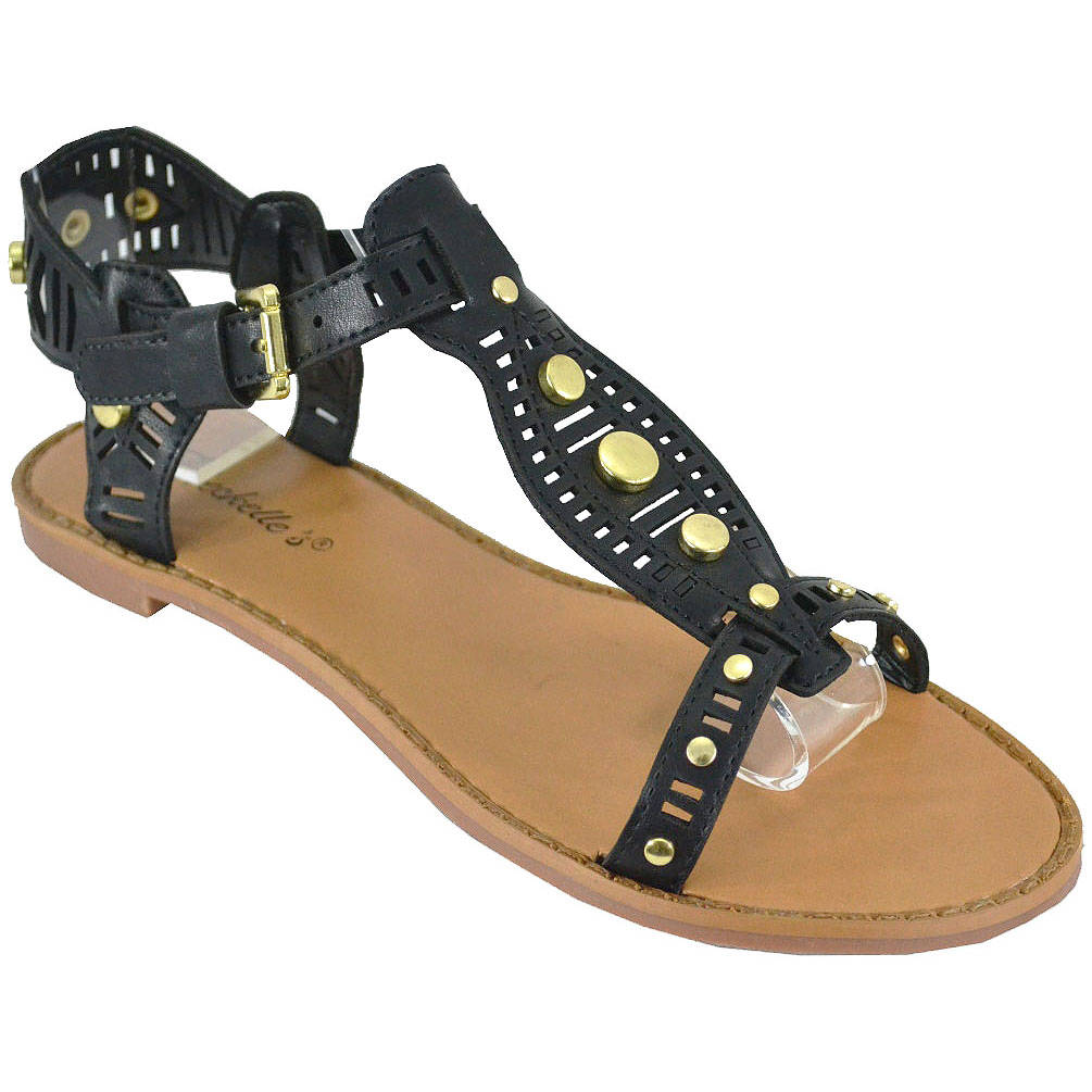 Breckelle Women's Rita-62 Black Open Toe Cutout Studs T Strap Flat Sandal Breckelle Women's Rita-62 Black Open Toe Cutout Studs T Strap Flat Sandal