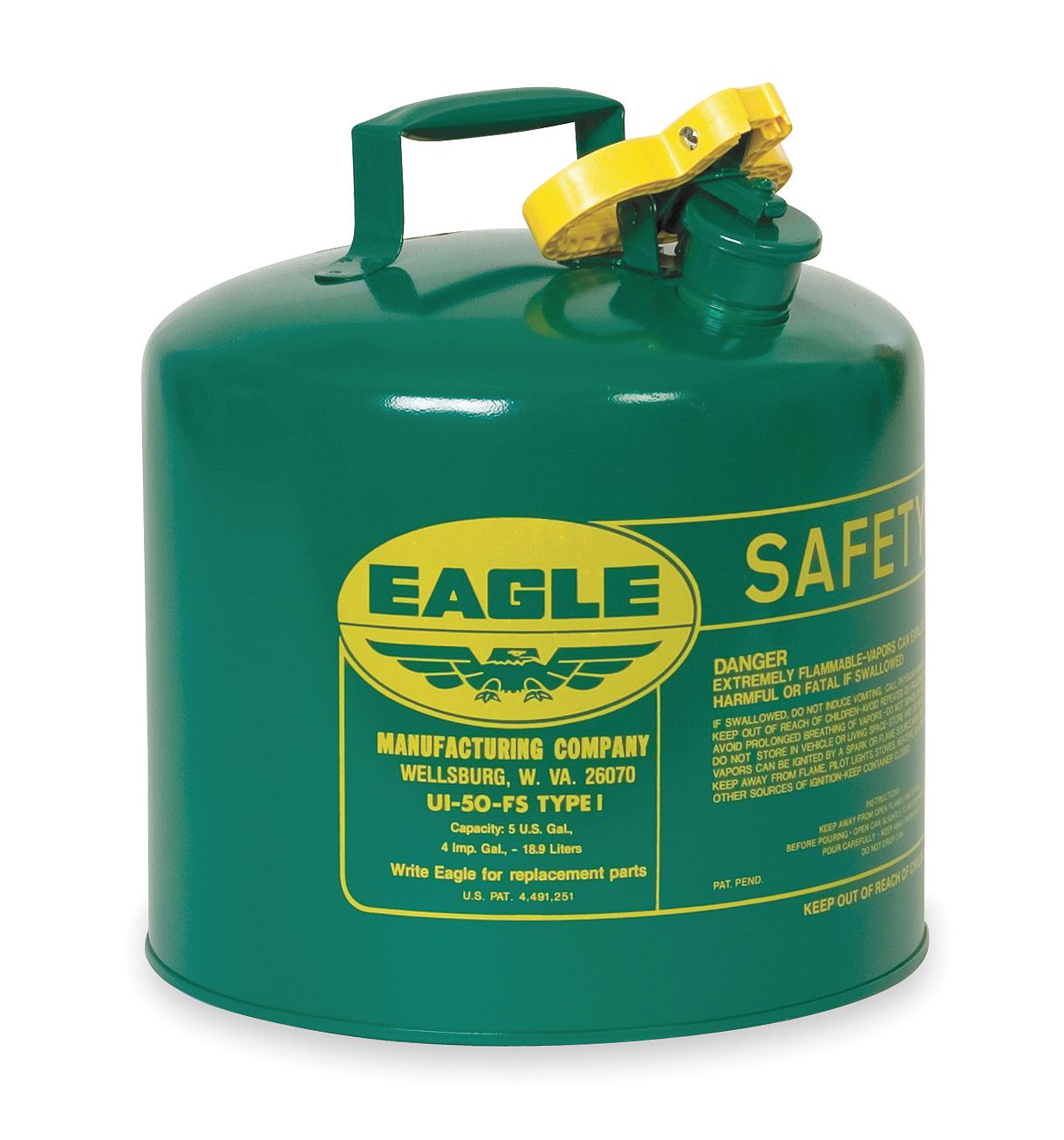 Eagle Mfg - UI-50-SG-EA - Eagle Green Galvanized Steel Self-Closing 5 gal Safety Can - 13 1/2 in Height - 12 1/2 in